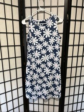Lulu-B Navy Dress with White Daisy Print and Pink Centers Small EUC